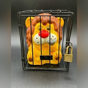 VTG Price Products Kitschy Lion in Cage Coin Ceramic Bank 1970s Made in Taiwan